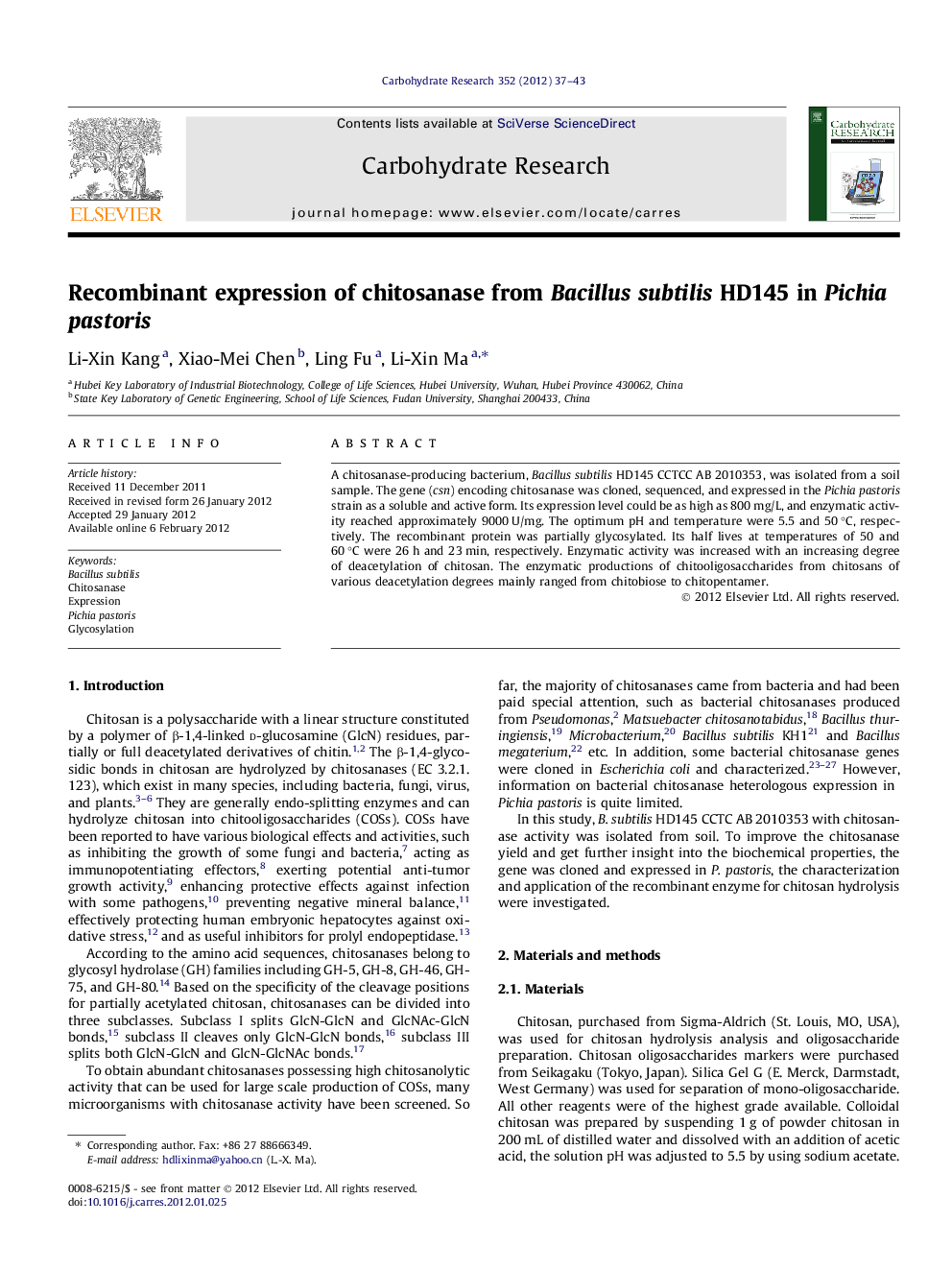 Recombinant expression of chitosanase from Bacillus subtilis HD145 in Pichia pastoris