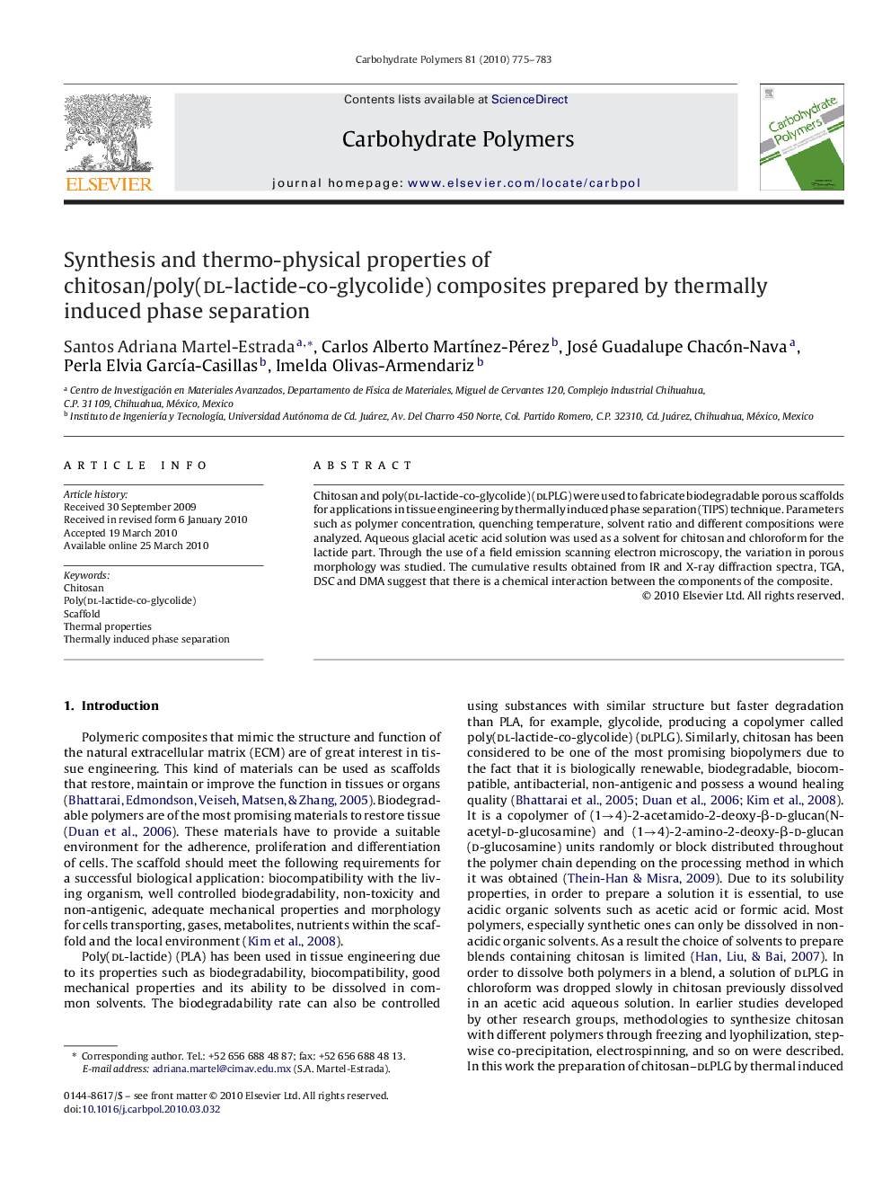 Synthesis and thermo-physical properties of chitosan/poly(dl-lactide-co-glycolide) composites prepared by thermally induced phase separation