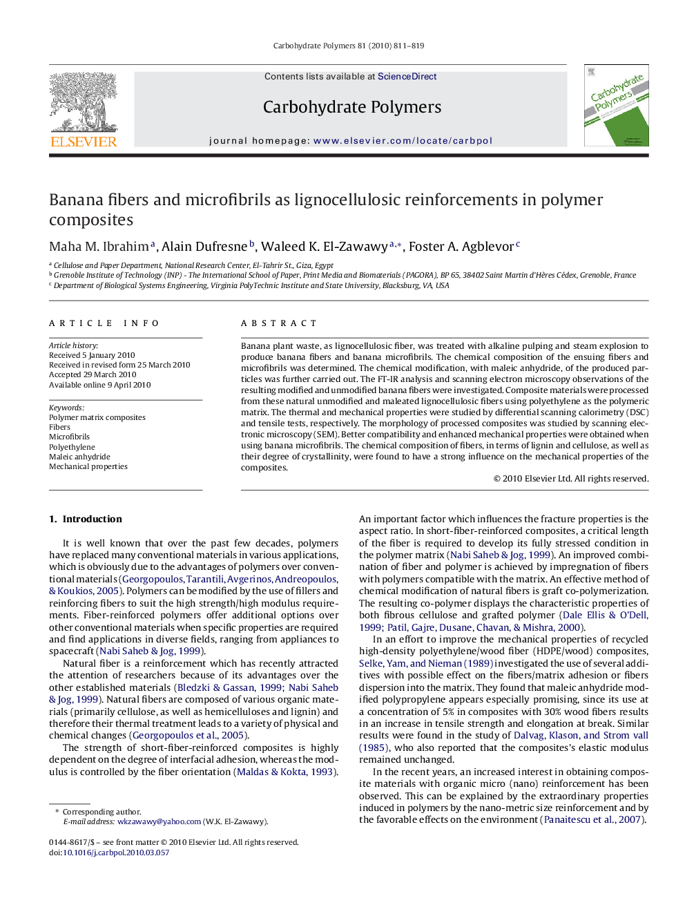 Banana fibers and microfibrils as lignocellulosic reinforcements in polymer composites