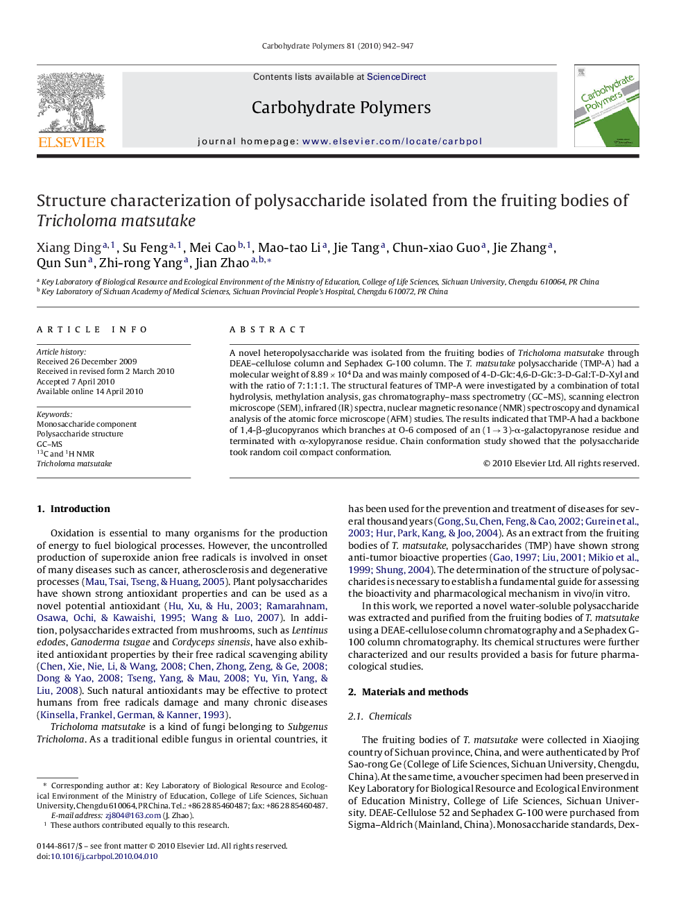 Structure characterization of polysaccharide isolated from the fruiting bodies of Tricholoma matsutake