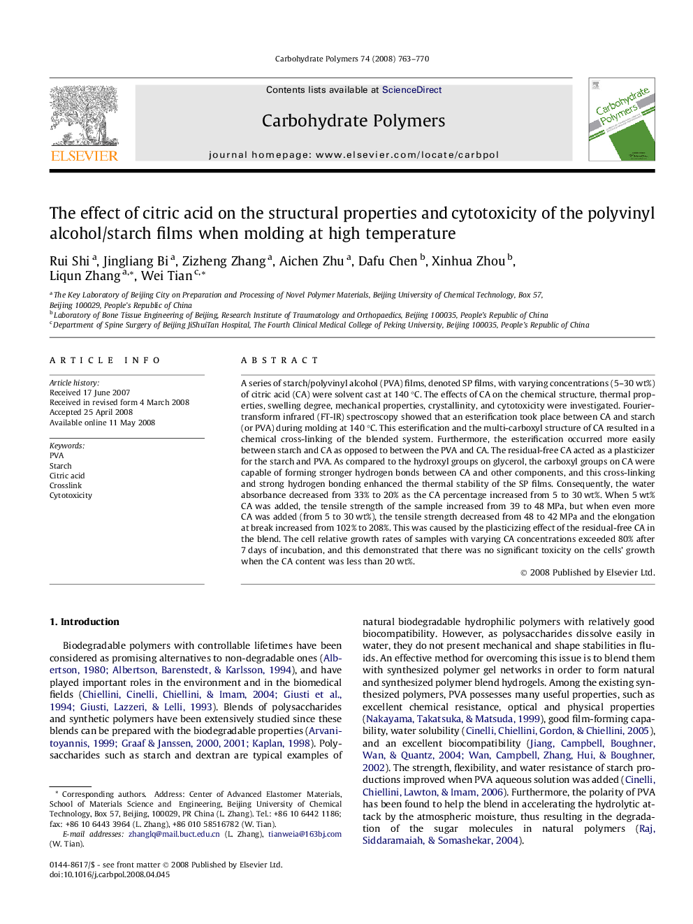 The effect of citric acid on the structural properties and cytotoxicity of the polyvinyl alcohol/starch films when molding at high temperature