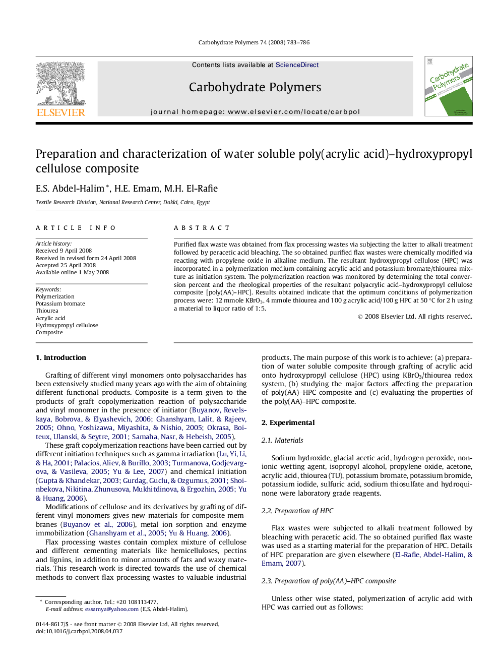 Preparation and characterization of water soluble poly(acrylic acid)–hydroxypropyl cellulose composite