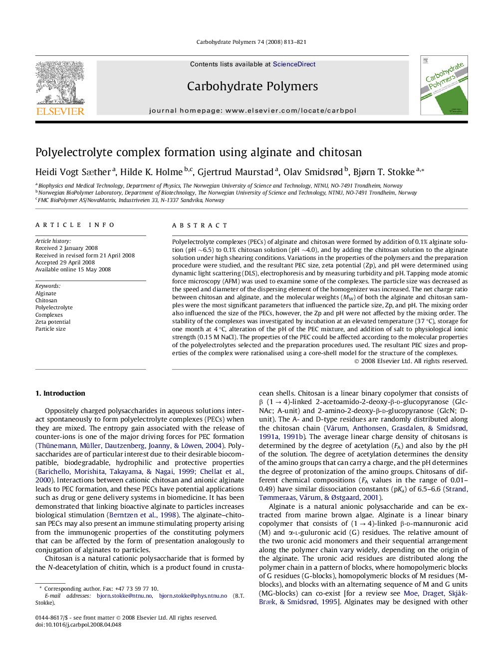 Polyelectrolyte complex formation using alginate and chitosan