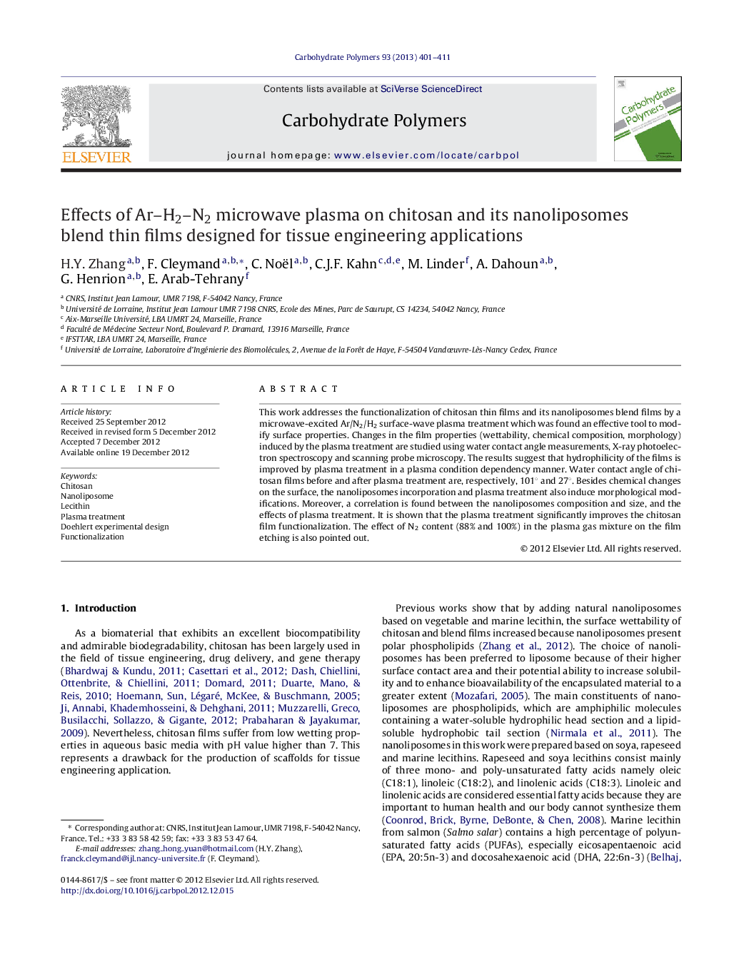 Effects of Ar–H2–N2 microwave plasma on chitosan and its nanoliposomes blend thin films designed for tissue engineering applications