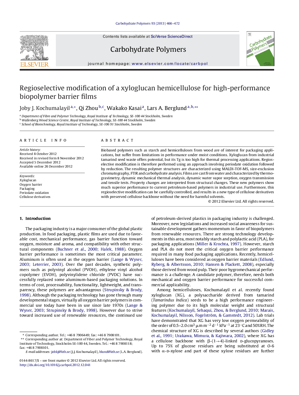 Regioselective modification of a xyloglucan hemicellulose for high-performance biopolymer barrier films