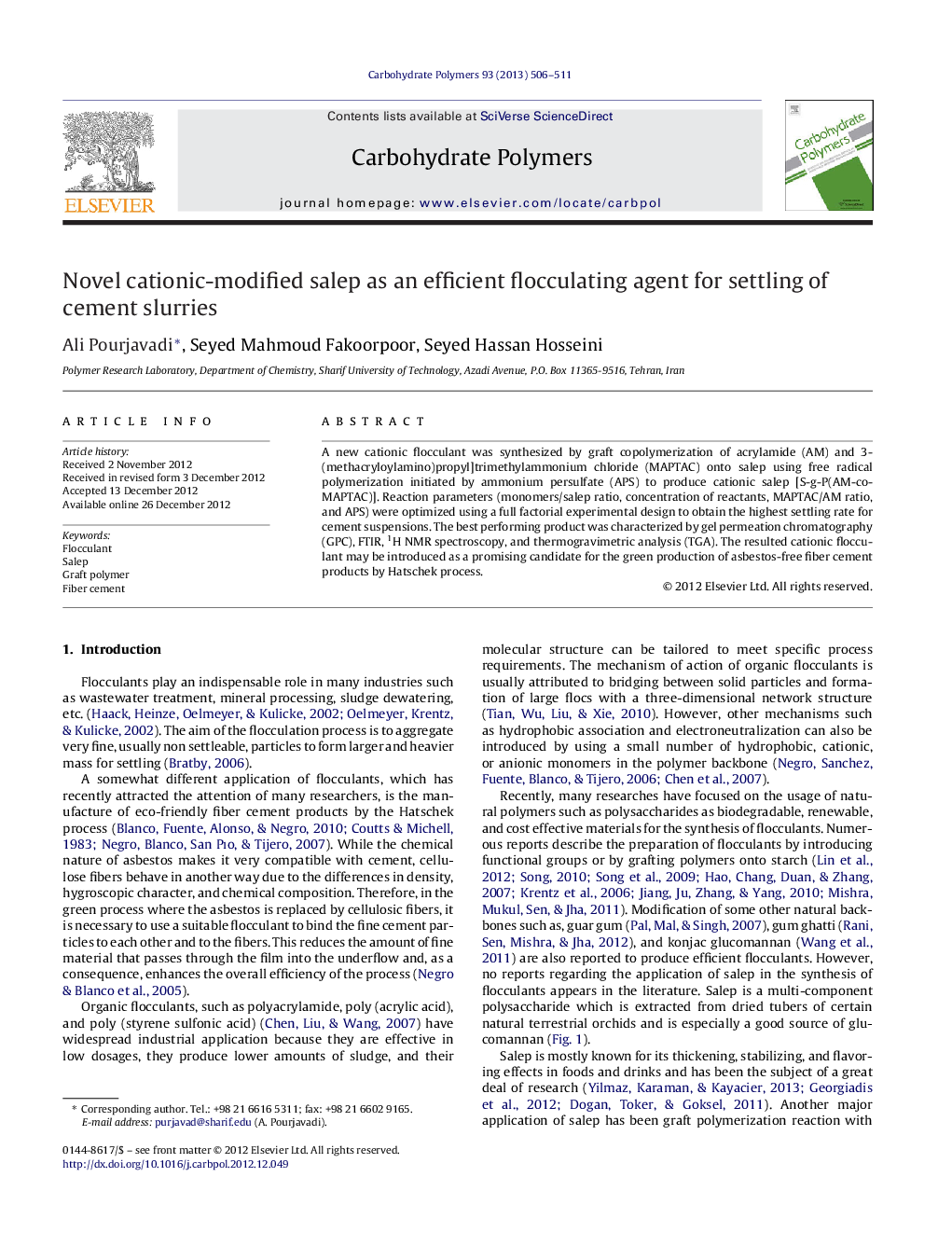 Novel cationic-modified salep as an efficient flocculating agent for settling of cement slurries