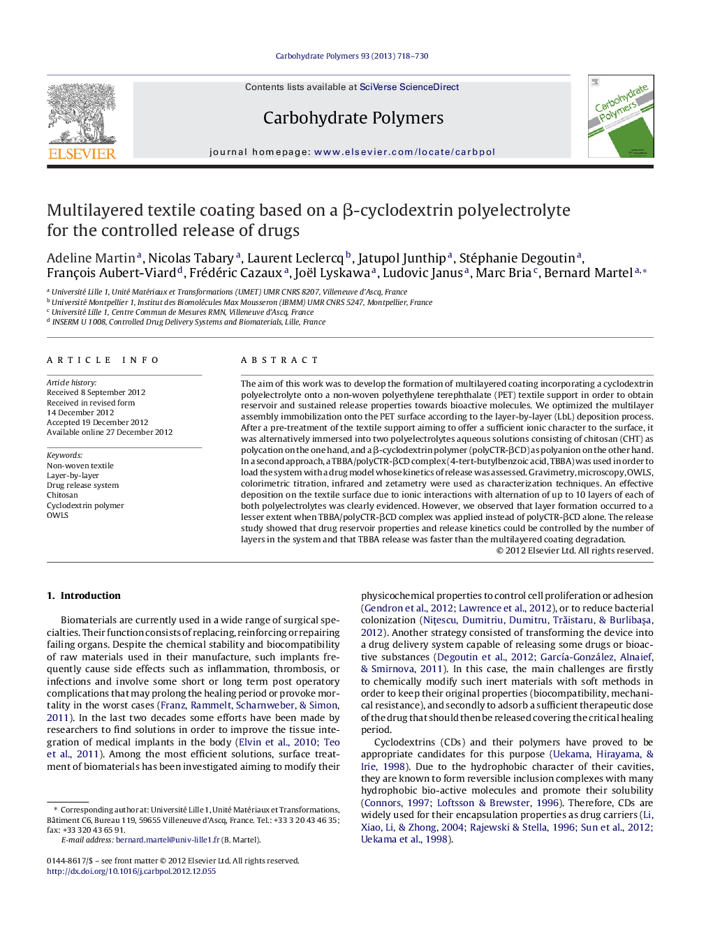 Multilayered textile coating based on a β-cyclodextrin polyelectrolyte for the controlled release of drugs