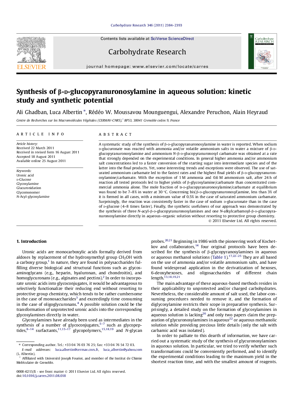 Synthesis of β-d-glucopyranuronosylamine in aqueous solution: kinetic study and synthetic potential