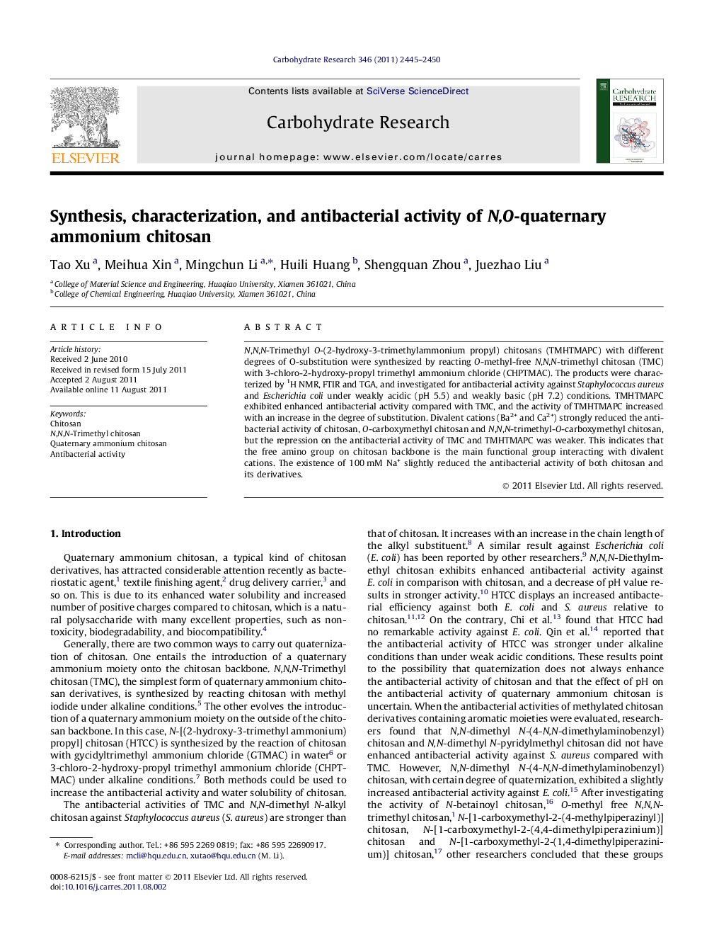 Synthesis, characterization, and antibacterial activity of N,O-quaternary ammonium chitosan