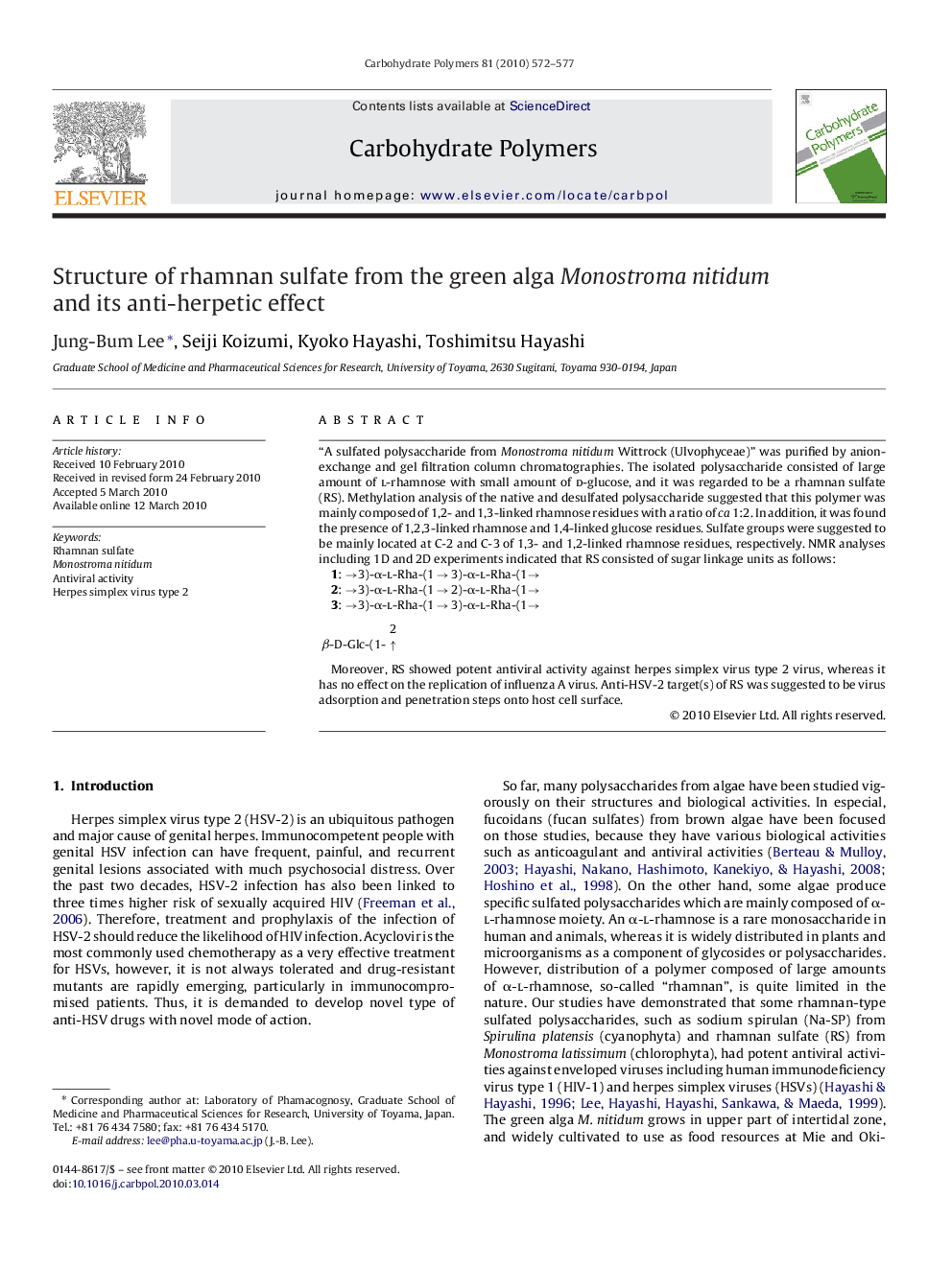 Structure of rhamnan sulfate from the green alga Monostroma nitidum and its anti-herpetic effect