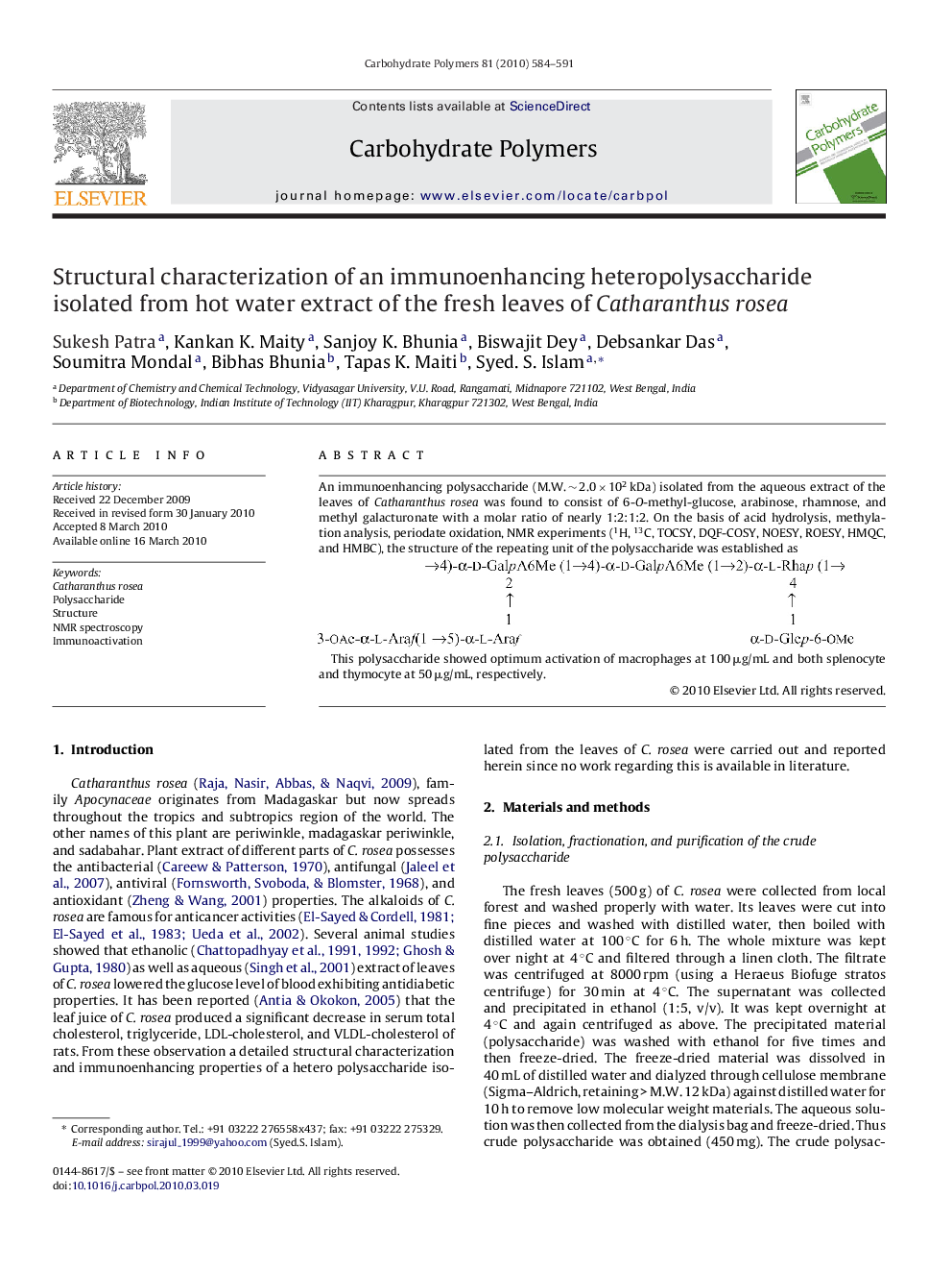 Structural characterization of an immunoenhancing heteropolysaccharide isolated from hot water extract of the fresh leaves of Catharanthus rosea