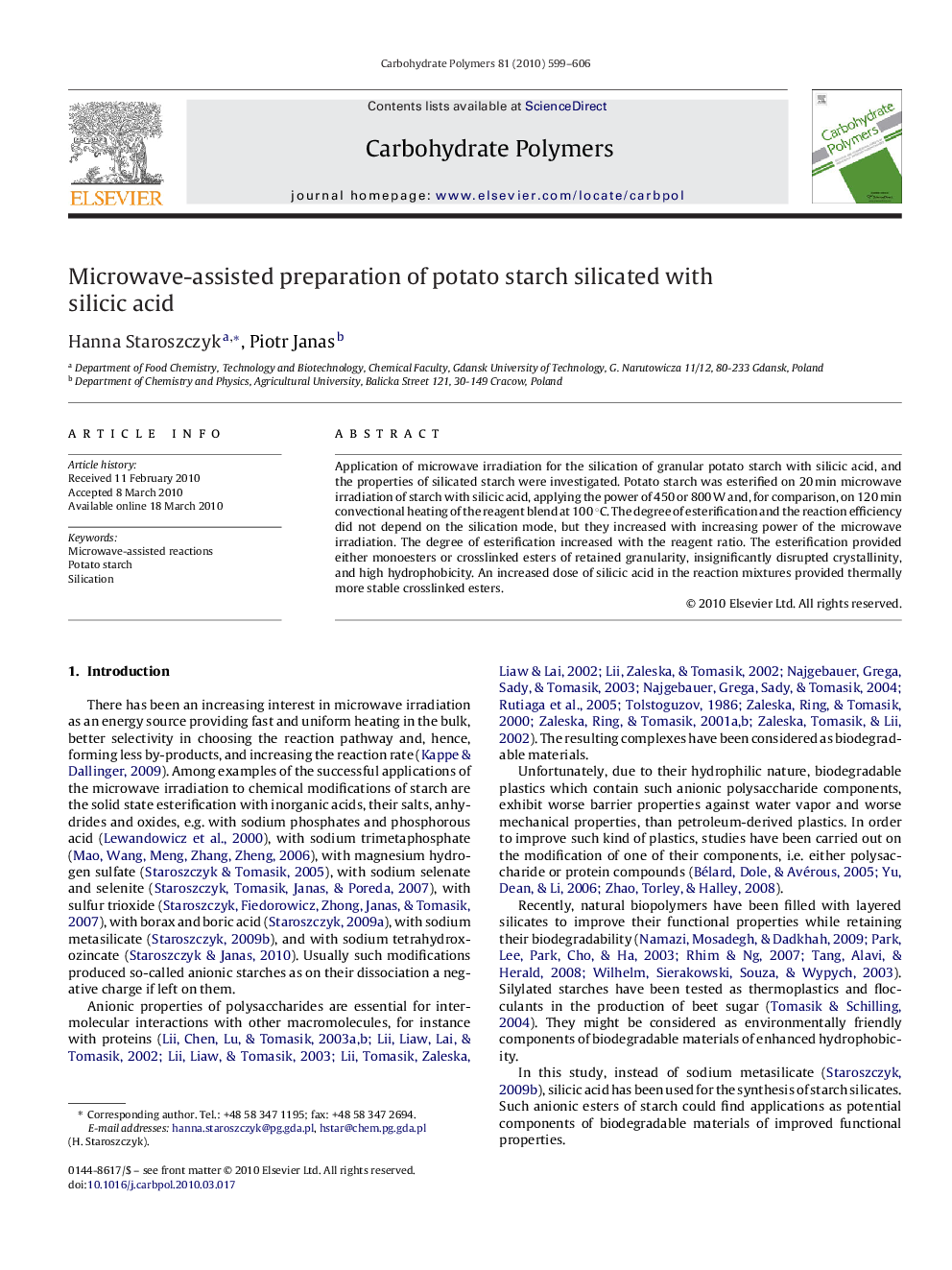 Microwave-assisted preparation of potato starch silicated with silicic acid