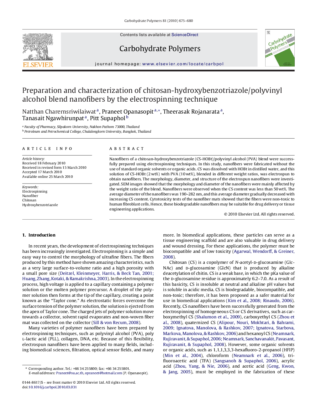 عکس صفحه اول مقاله: Preparation and characterization of chitosan-hydroxybenzotriazole/polyvinyl alcohol blend nanofibers by the electrospinning technique Preparation and characterization of chitosan-hydroxybenzotriazole/polyvinyl alcohol blend nanofibers by the electrospinning technique