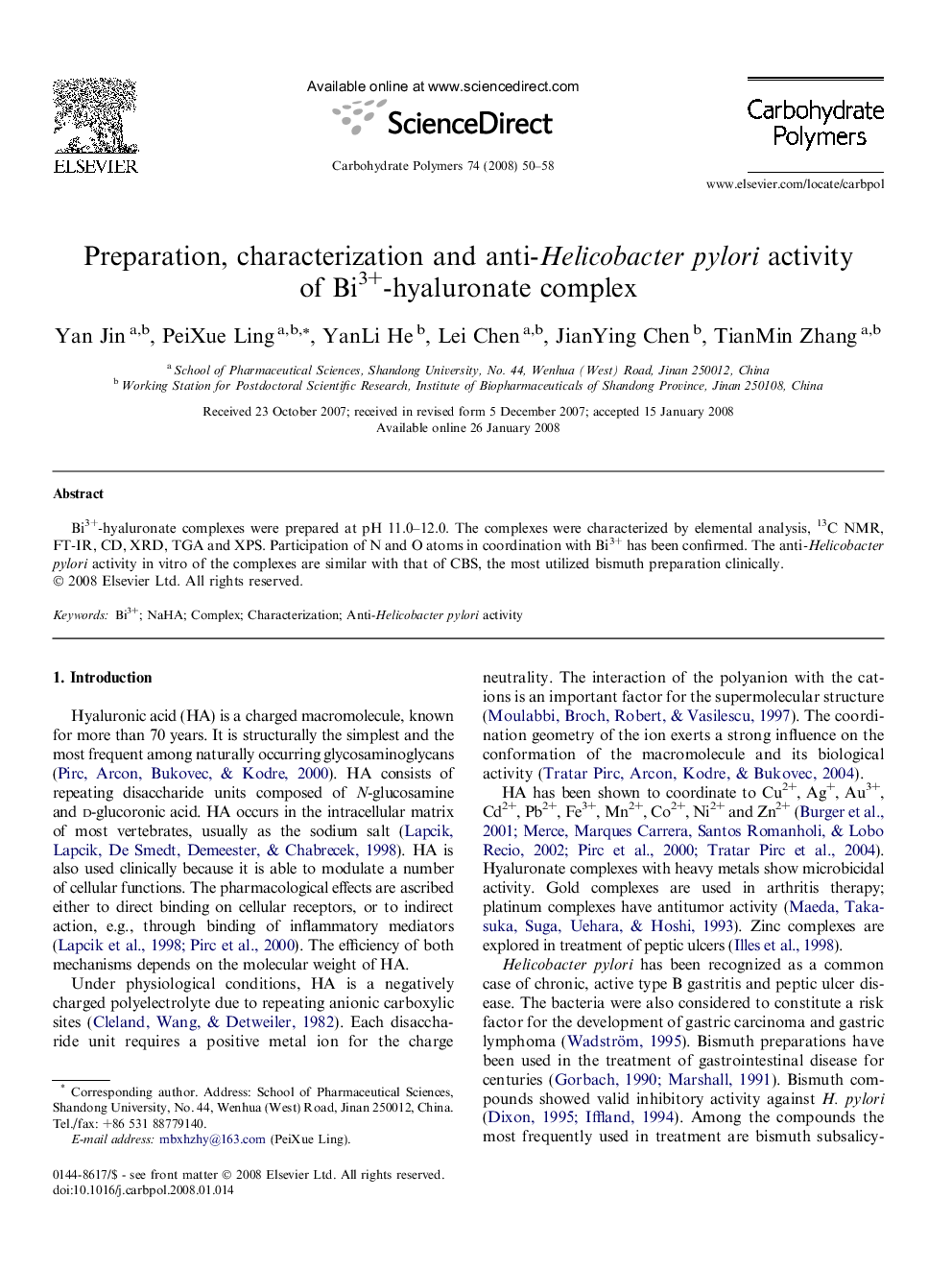 Preparation, characterization and anti-Helicobacter pylori activity of Bi3+-hyaluronate complex