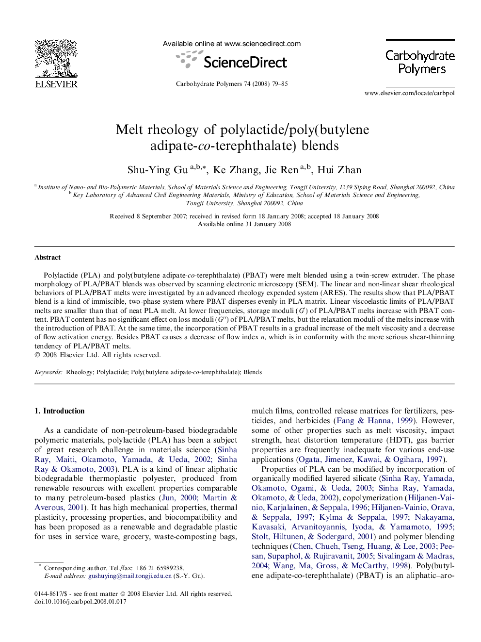 Melt rheology of polylactide/poly(butylene adipate-co-terephthalate) blends