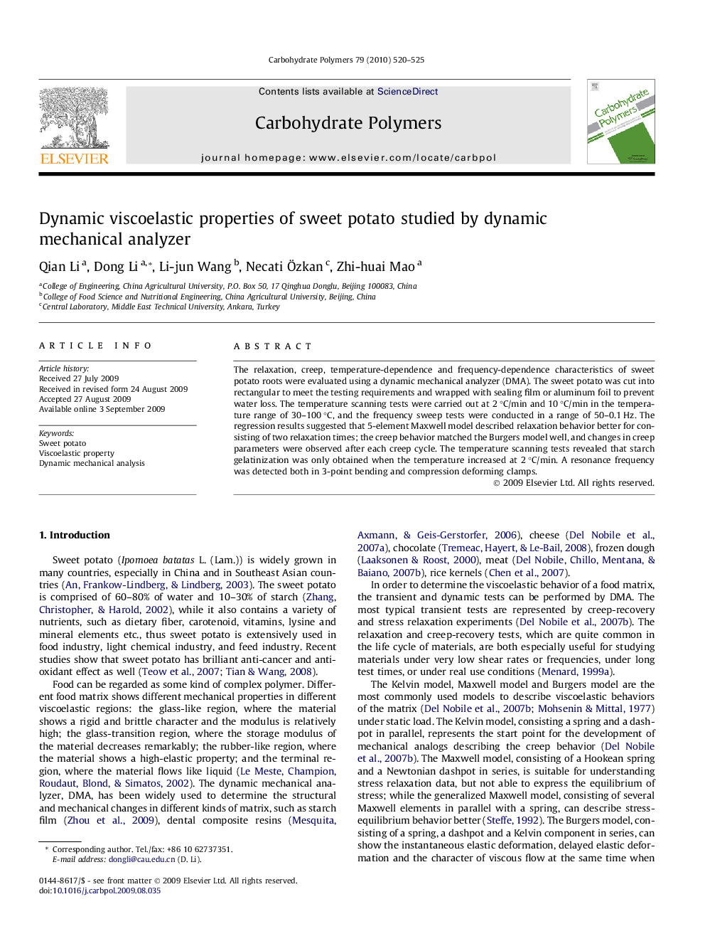 Dynamic viscoelastic properties of sweet potato studied by dynamic mechanical analyzer