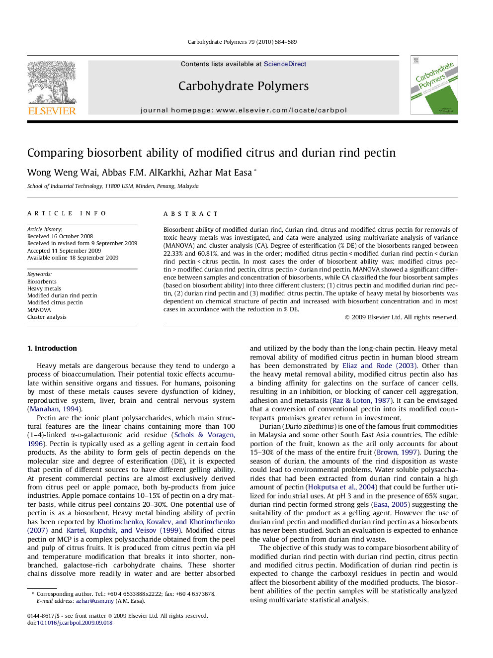 عکس صفحه اول مقاله: Comparing biosorbent ability of modified citrus and durian rind pectin Comparing biosorbent ability of modified citrus and durian rind pectin