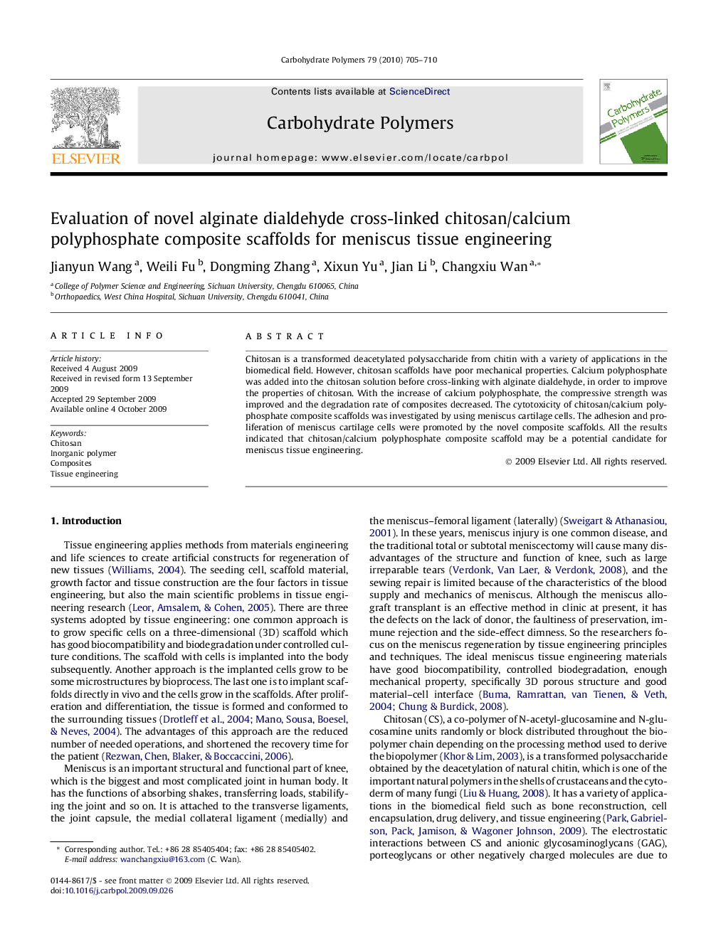 Evaluation of novel alginate dialdehyde cross-linked chitosan/calcium polyphosphate composite scaffolds for meniscus tissue engineering