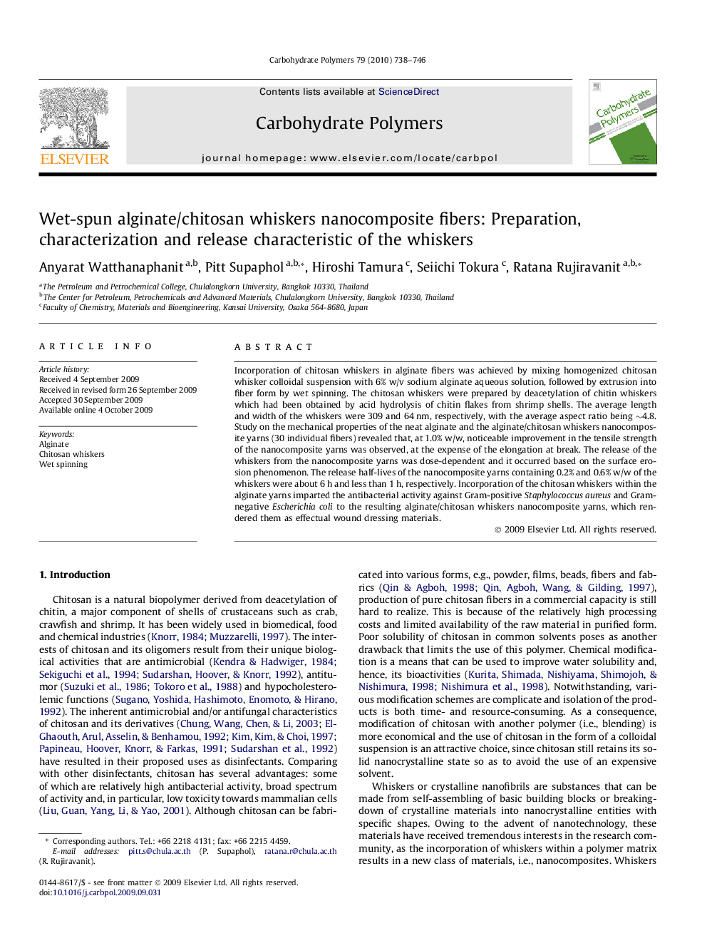 Wet-spun alginate/chitosan whiskers nanocomposite fibers: Preparation, characterization and release characteristic of the whiskers