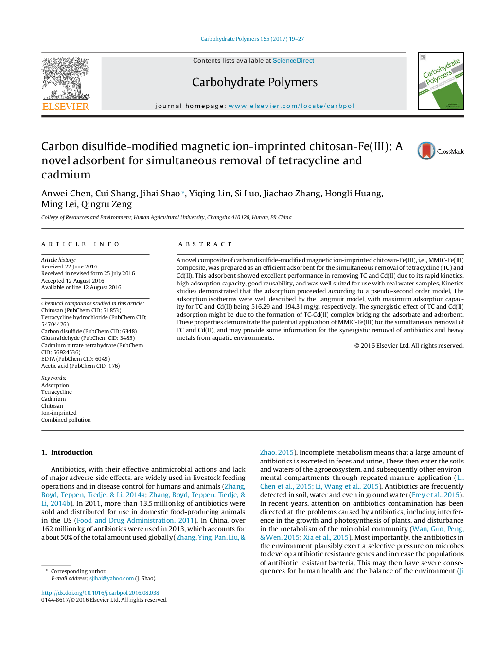 Carbon disulfide-modified magnetic ion-imprinted chitosan-Fe(III): A novel adsorbent for simultaneous removal of tetracycline and cadmium