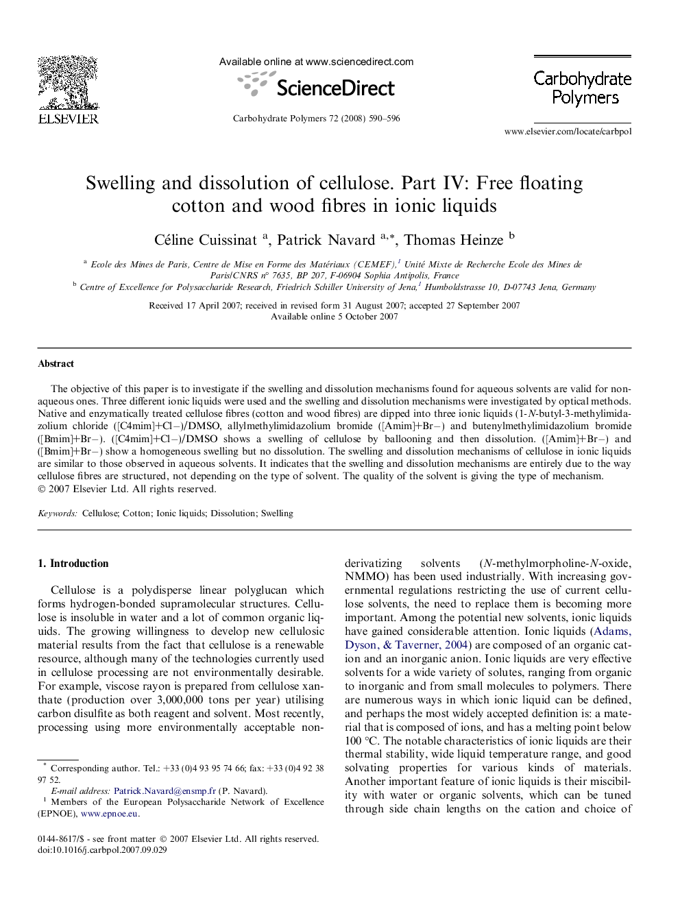 Swelling and dissolution of cellulose. Part IV: Free floating cotton and wood fibres in ionic liquids