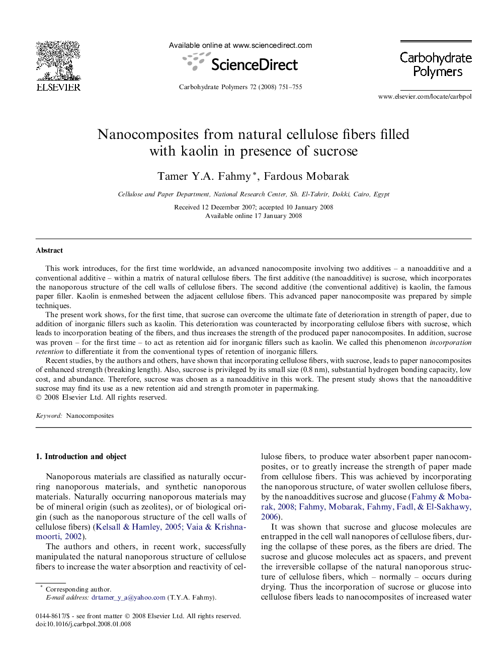 Nanocomposites from natural cellulose fibers filled with kaolin in presence of sucrose