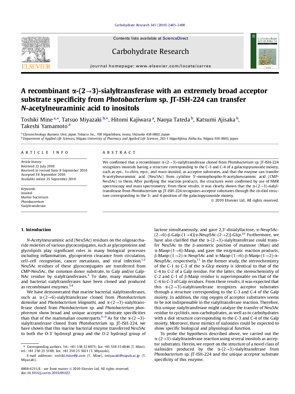 A recombinant α-(2→3)-sialyltransferase with an extremely broad acceptor substrate specificity from Photobacterium sp. JT-ISH-224 can transfer N-acetylneuraminic acid to inositols