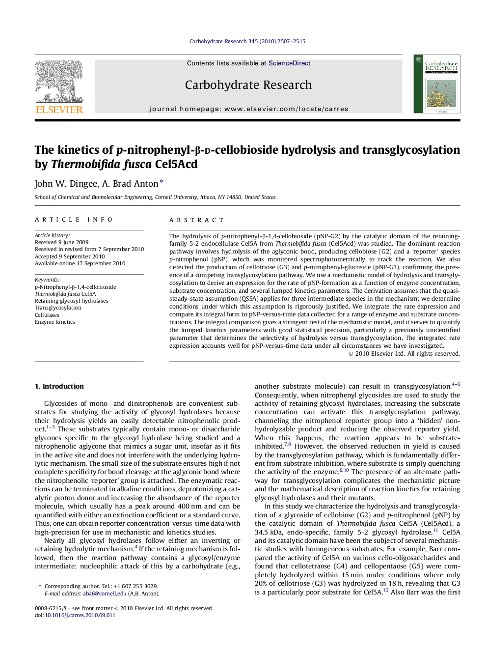 The kinetics of p-nitrophenyl-β-d-cellobioside hydrolysis and transglycosylation by Thermobifida fusca Cel5Acd