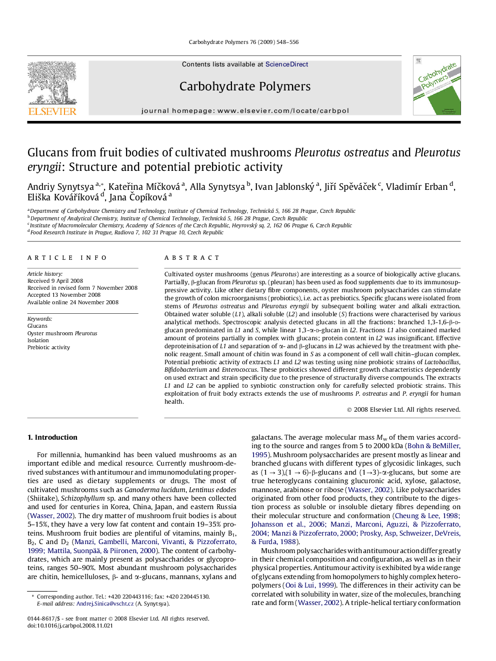 Glucans from fruit bodies of cultivated mushrooms Pleurotus ostreatus and Pleurotus eryngii: Structure and potential prebiotic activity