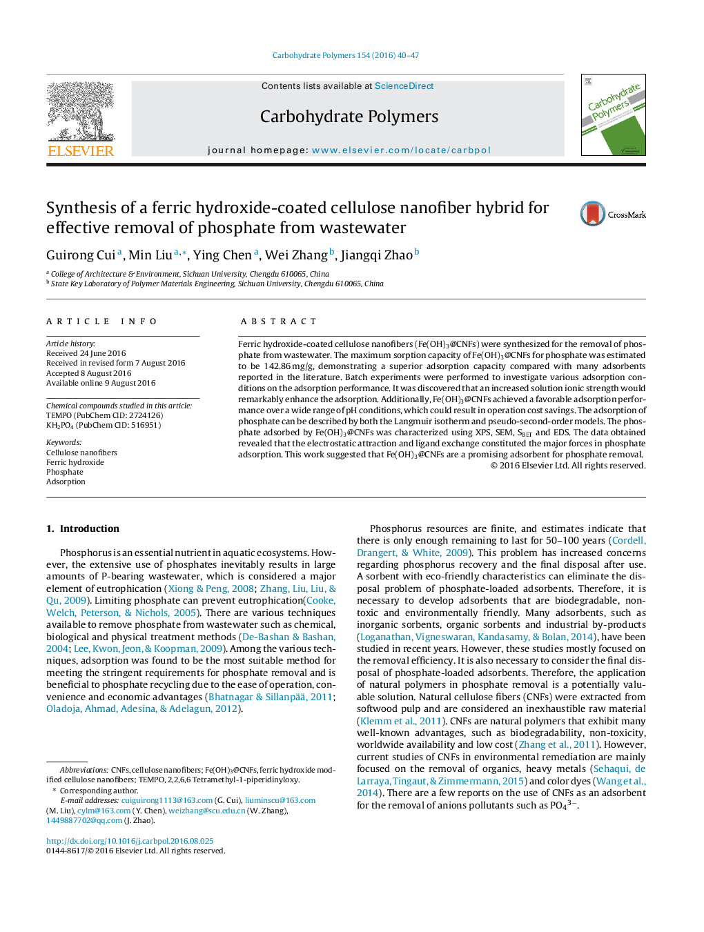 Synthesis of a ferric hydroxide-coated cellulose nanofiber hybrid for effective removal of phosphate from wastewater