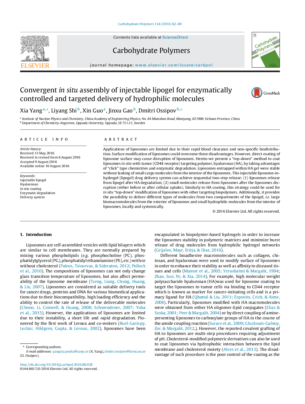 Convergent in situ assembly of injectable lipogel for enzymatically controlled and targeted delivery of hydrophilic molecules