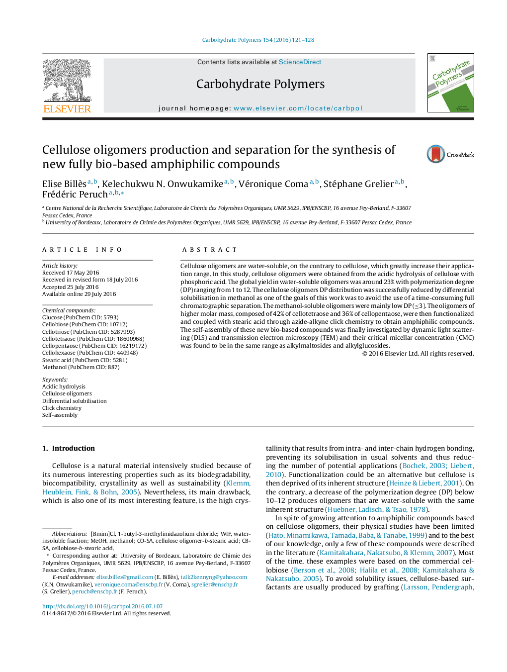 Cellulose oligomers production and separation for the synthesis of new fully bio-based amphiphilic compounds