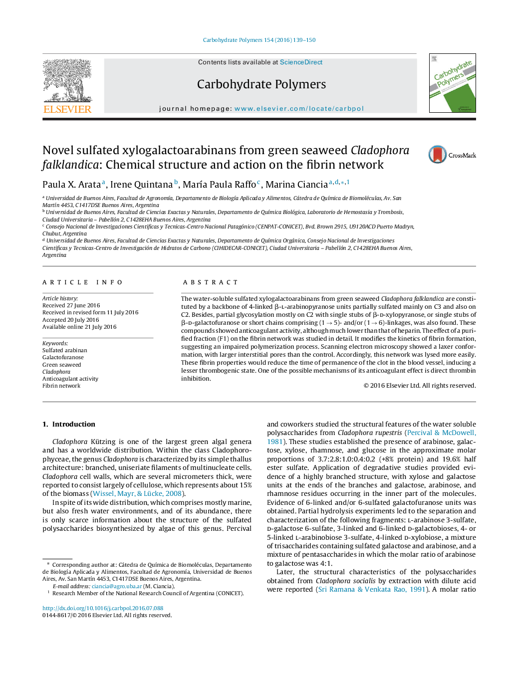 Novel sulfated xylogalactoarabinans from green seaweed Cladophora falklandica: Chemical structure and action on the fibrin network