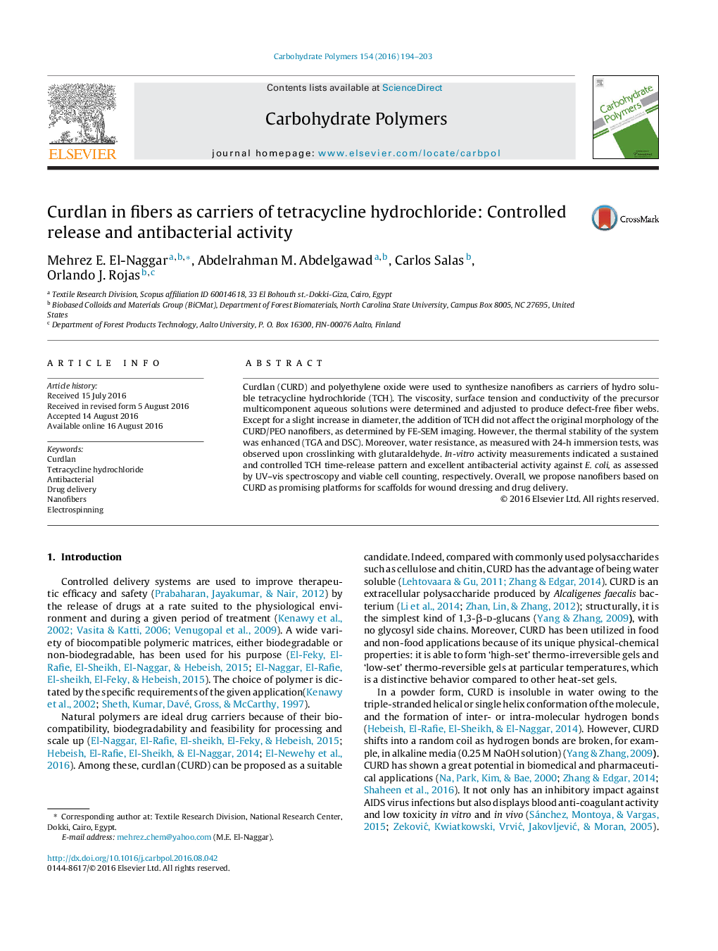 Curdlan in fibers as carriers of tetracycline hydrochloride: Controlled release and antibacterial activity