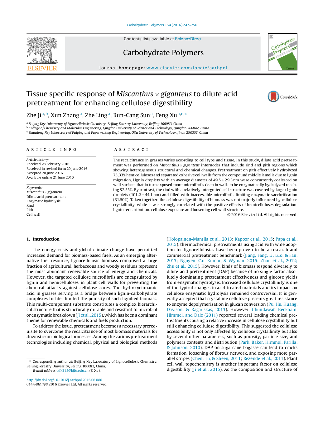 Tissue specific response of Miscanthus × giganteus to dilute acid pretreatment for enhancing cellulose digestibility