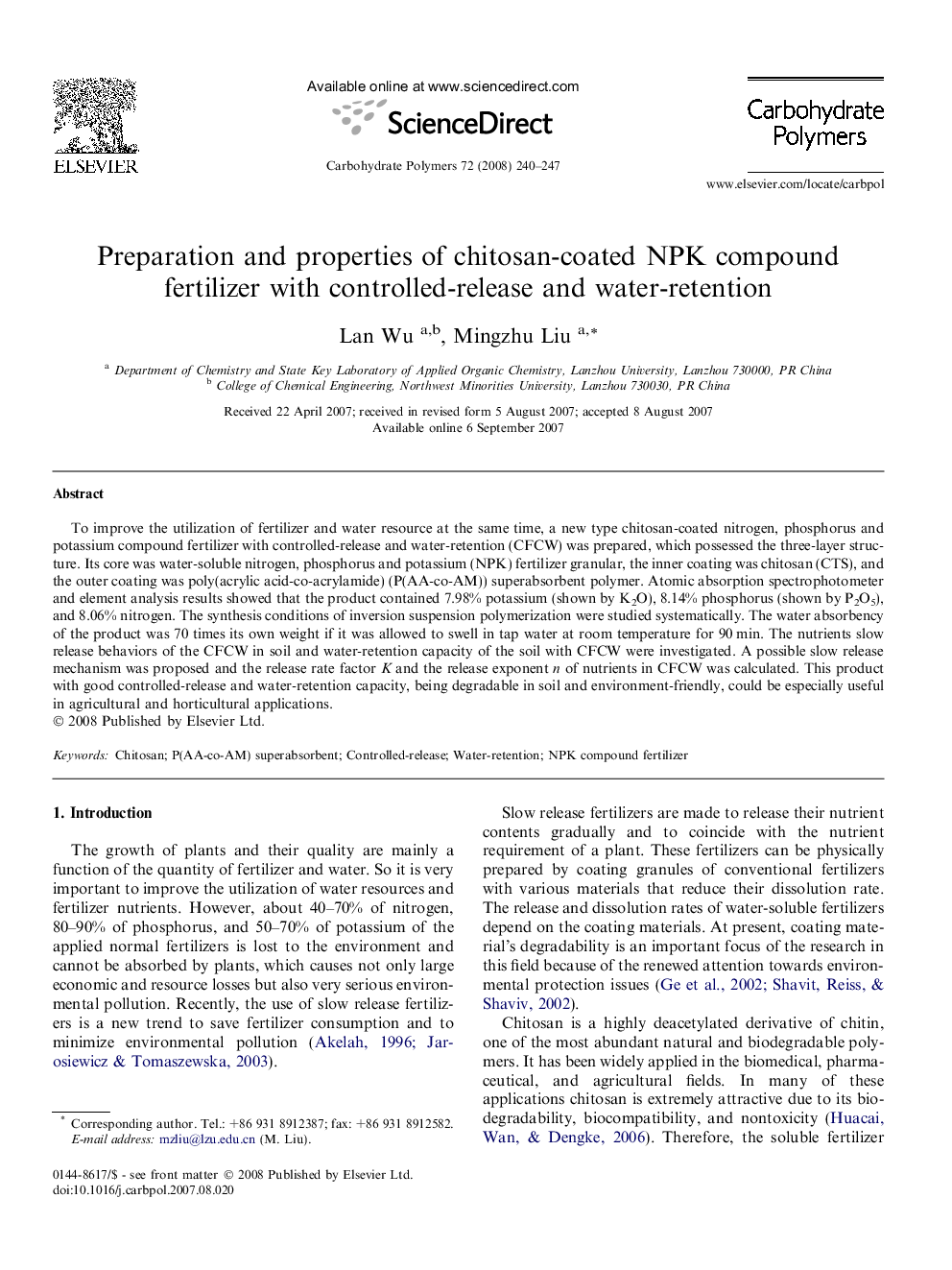 Preparation and properties of chitosan-coated NPK compound fertilizer with controlled-release and water-retention
