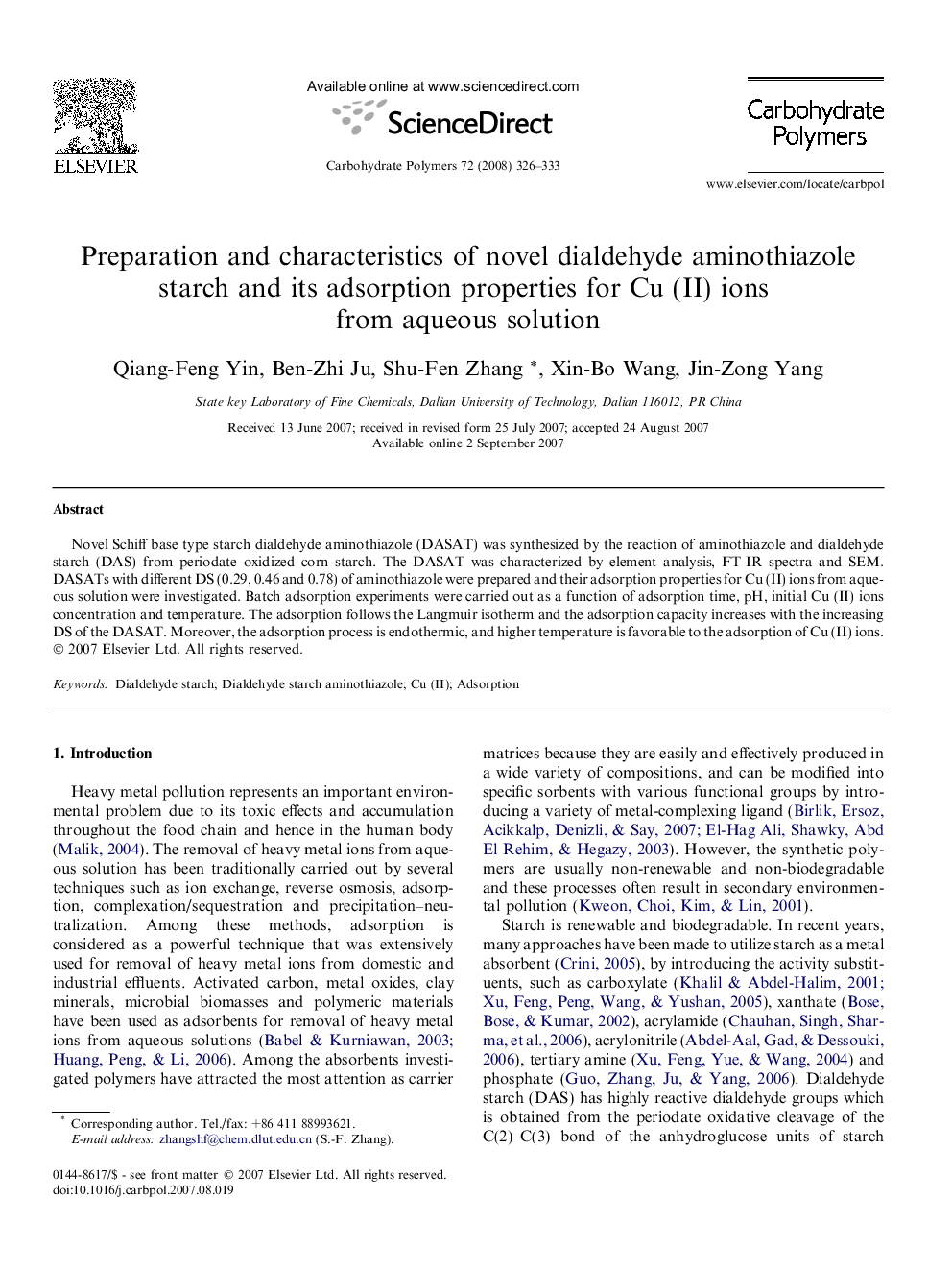 Preparation and characteristics of novel dialdehyde aminothiazole starch and its adsorption properties for Cu (II) ions from aqueous solution