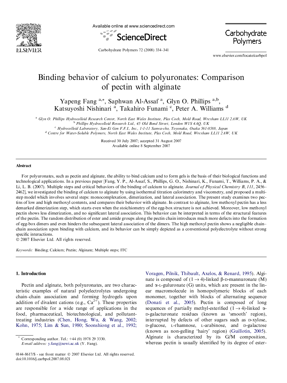 Binding behavior of calcium to polyuronates: Comparison of pectin with alginate