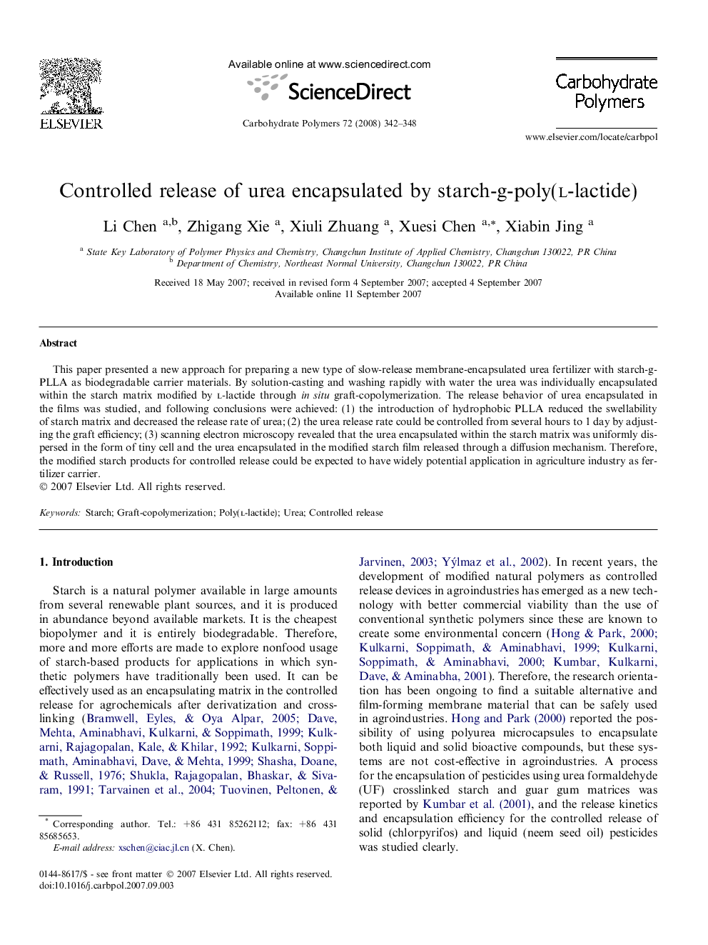 Controlled release of urea encapsulated by starch-g-poly(l-lactide)