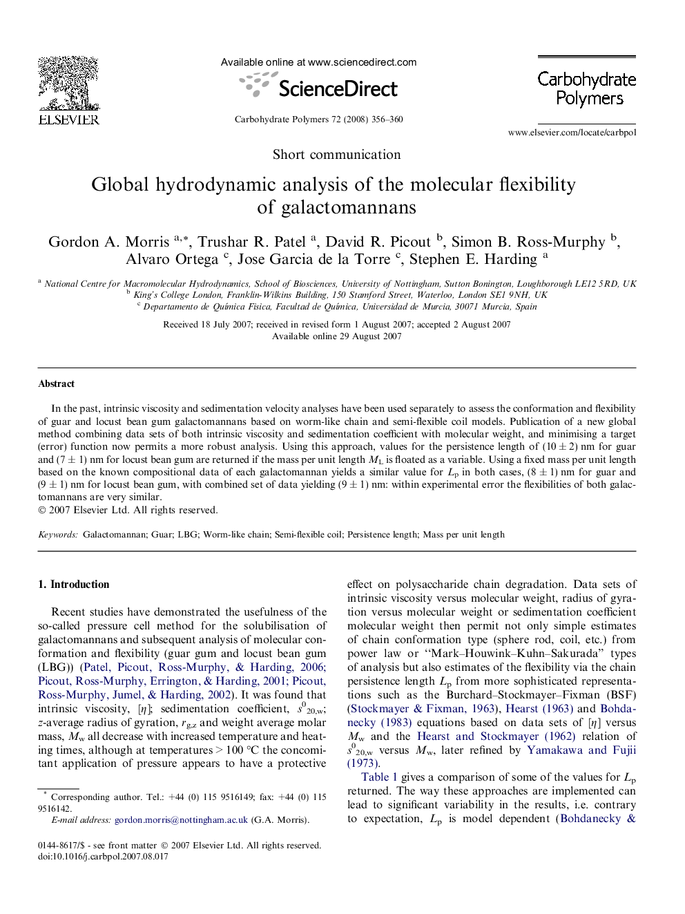 Global hydrodynamic analysis of the molecular flexibility of galactomannans