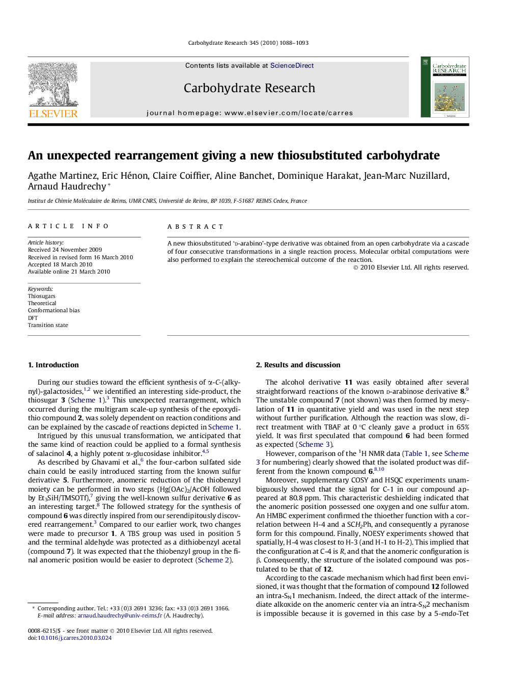 An unexpected rearrangement giving a new thiosubstituted carbohydrate