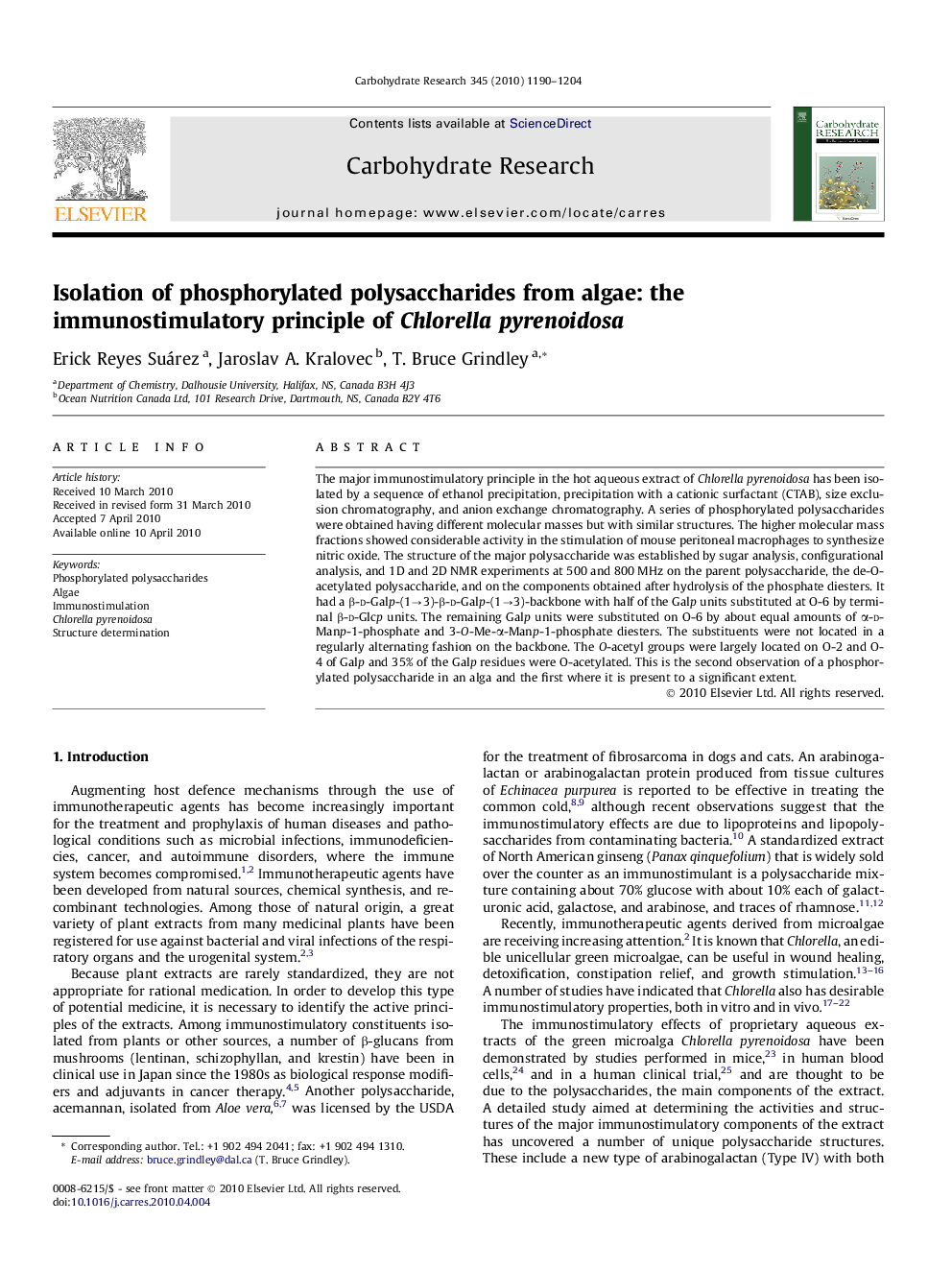 Isolation of phosphorylated polysaccharides from algae: the immunostimulatory principle of Chlorella pyrenoidosa