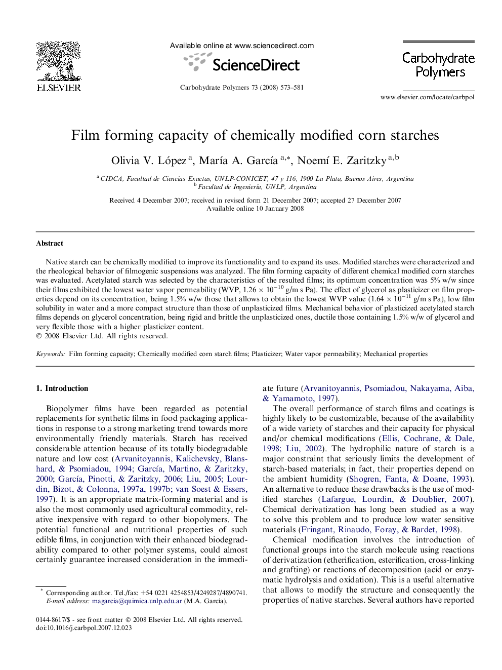 Film forming capacity of chemically modified corn starches