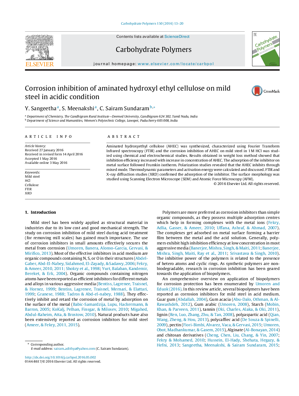 Corrosion inhibition of aminated hydroxyl ethyl cellulose on mild steel in acidic condition