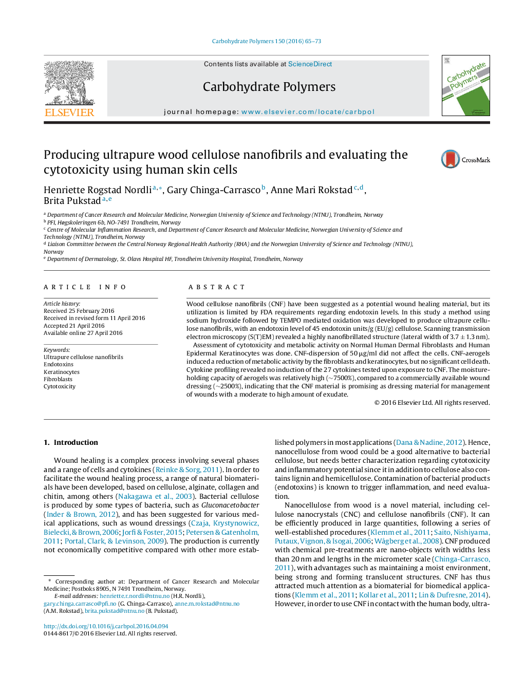 Producing ultrapure wood cellulose nanofibrils and evaluating the cytotoxicity using human skin cells