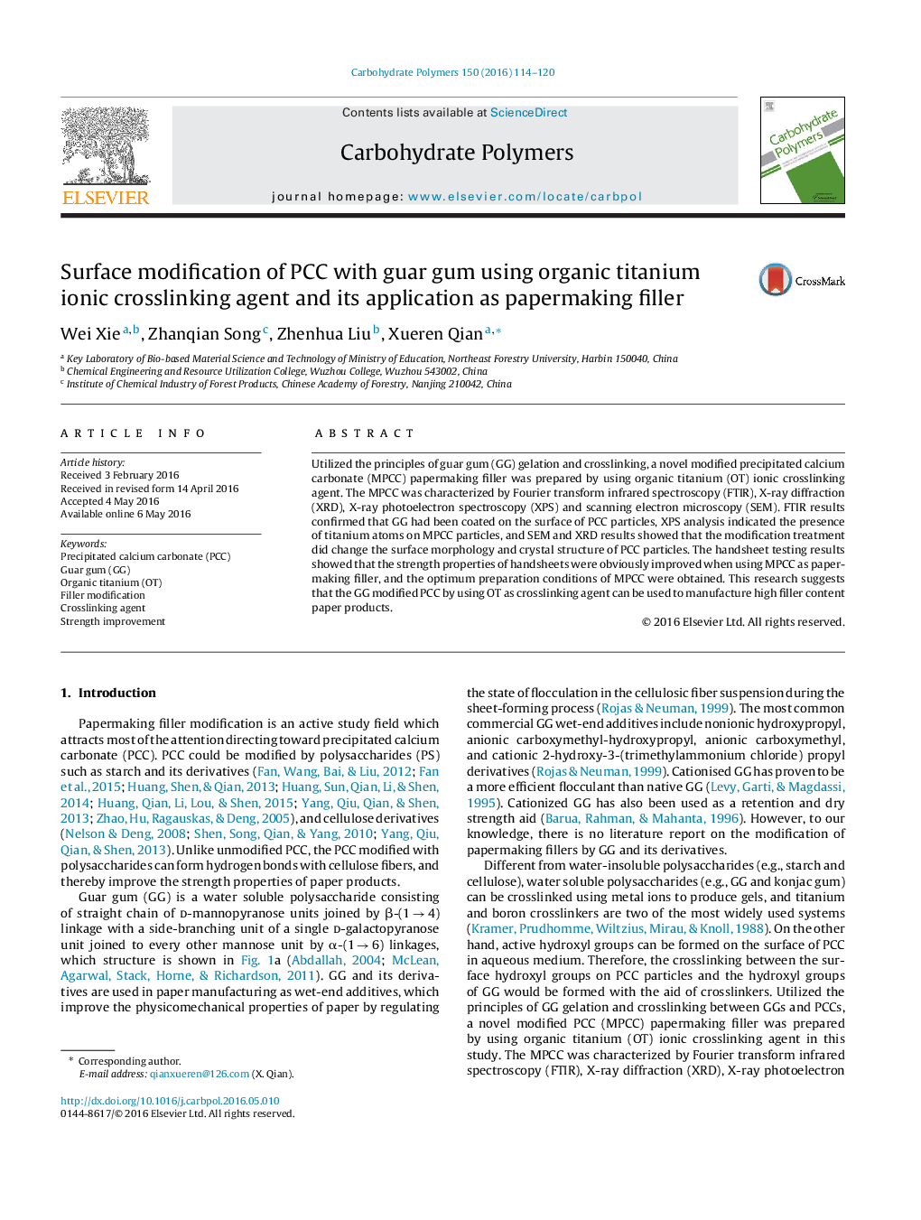 Surface modification of PCC with guar gum using organic titanium ionic crosslinking agent and its application as papermaking filler