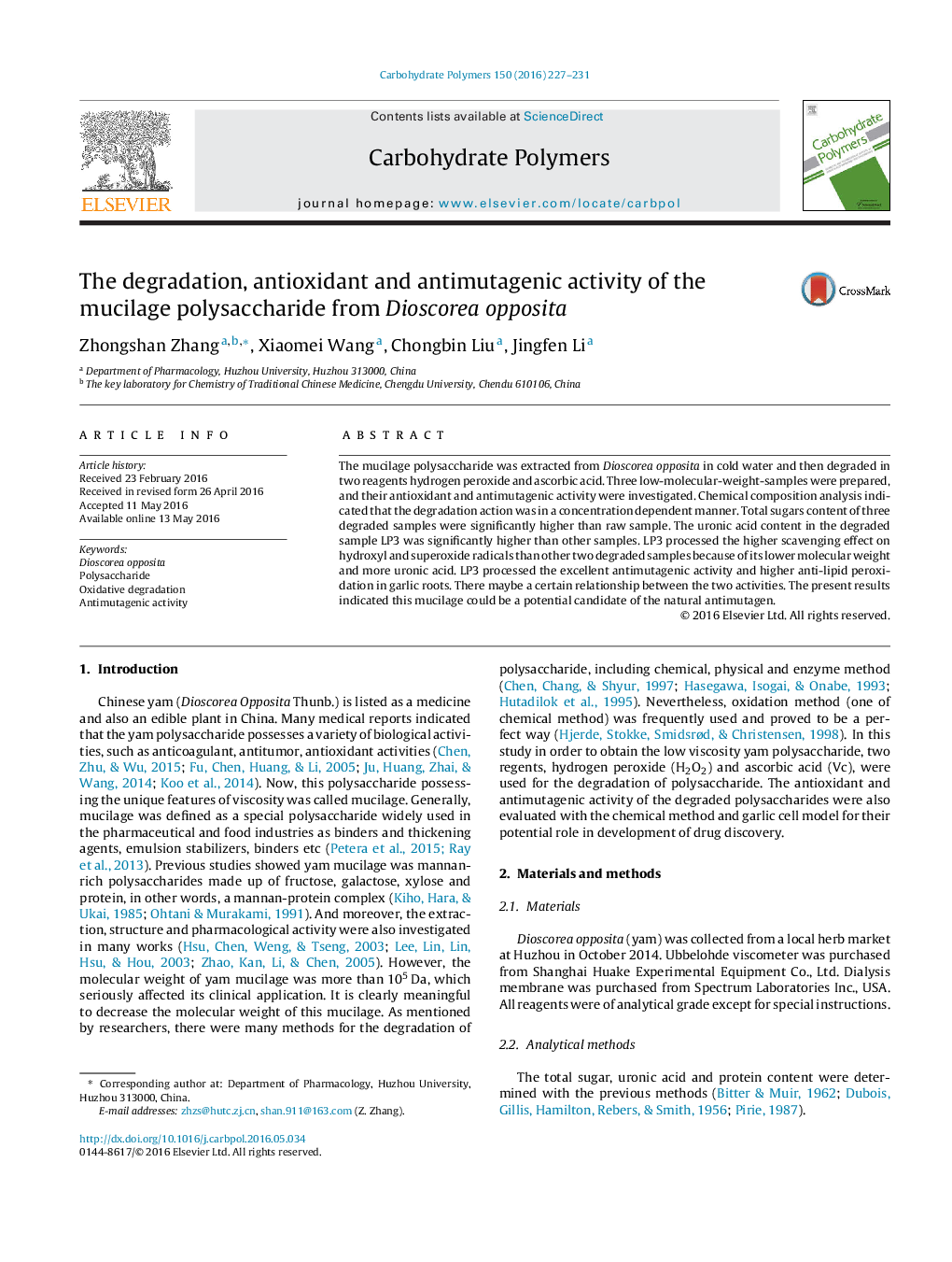 The degradation, antioxidant and antimutagenic activity of the mucilage polysaccharide from Dioscorea opposita