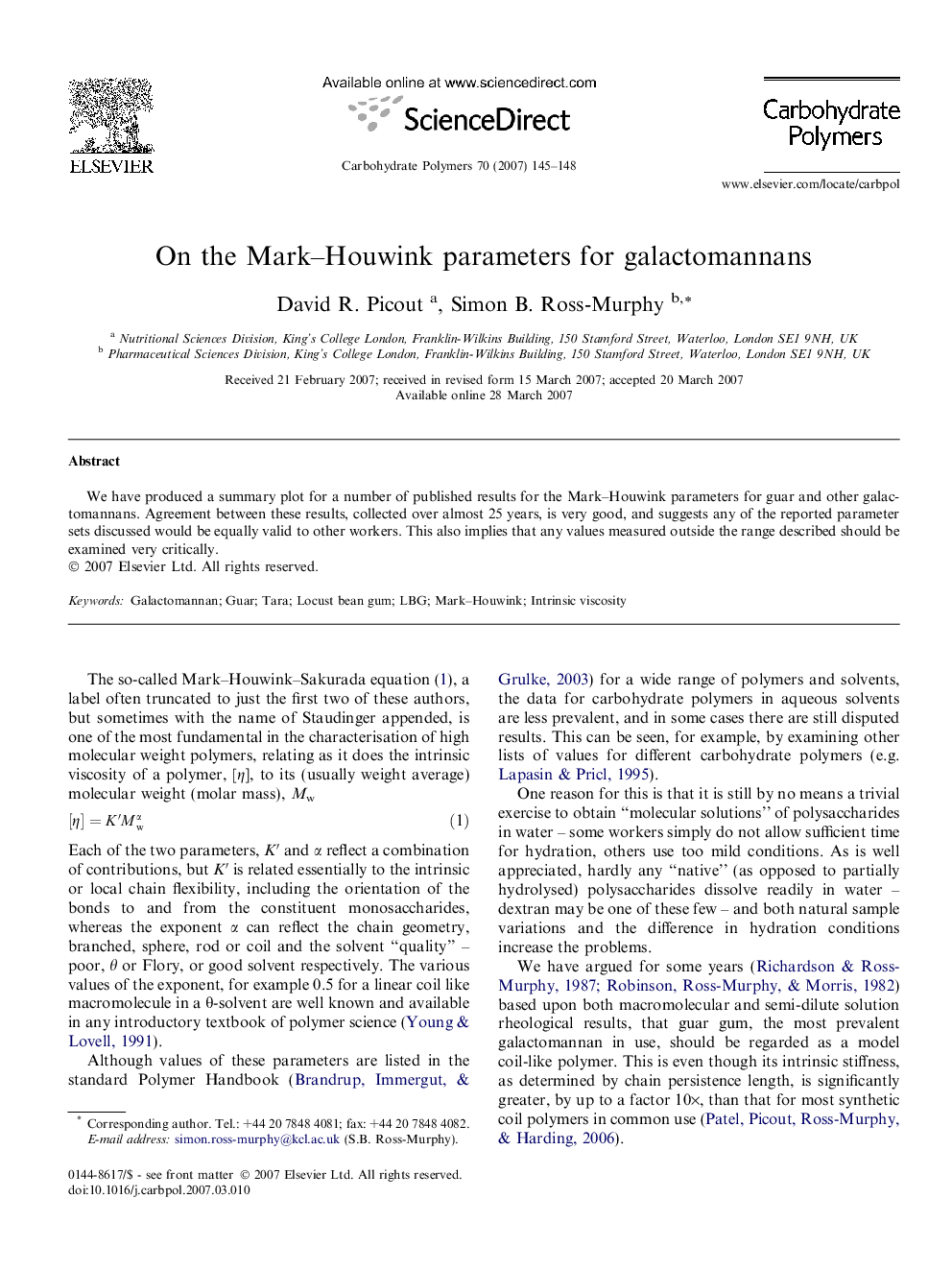 On the Mark–Houwink parameters for galactomannans