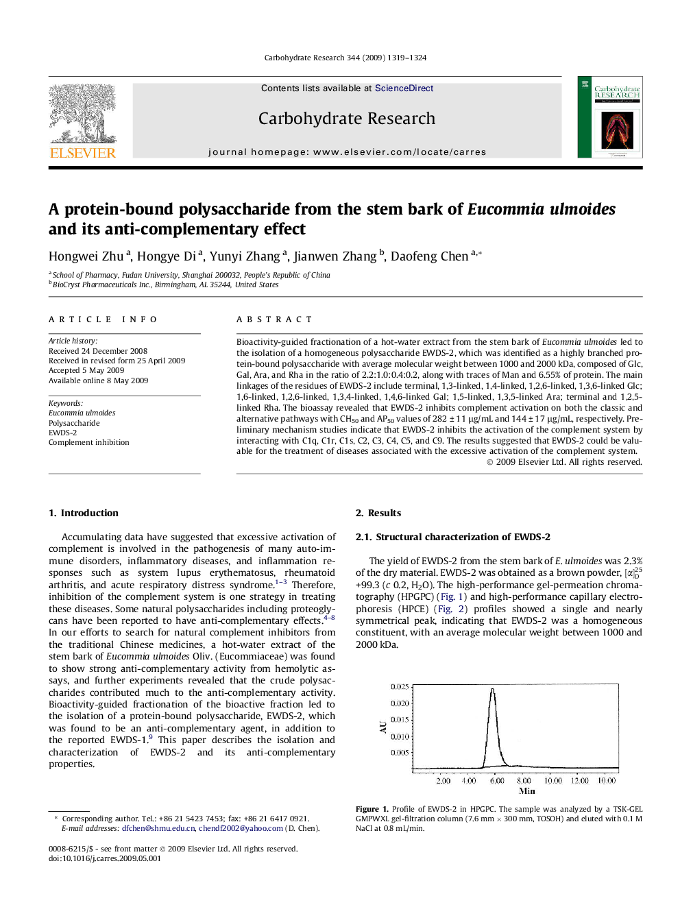 A protein-bound polysaccharide from the stem bark of Eucommia ulmoides and its anti-complementary effect