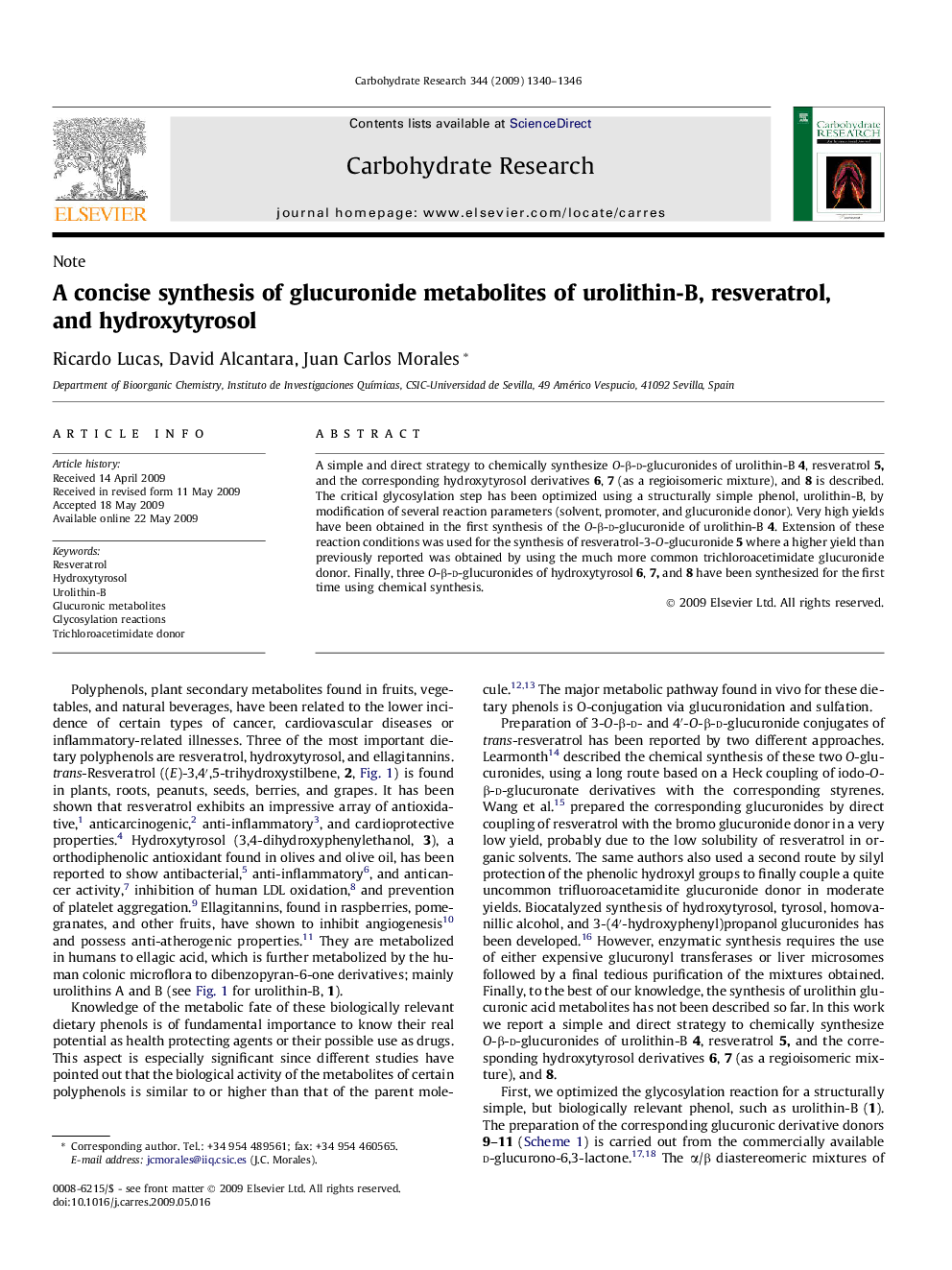 A concise synthesis of glucuronide metabolites of urolithin-B, resveratrol, and hydroxytyrosol